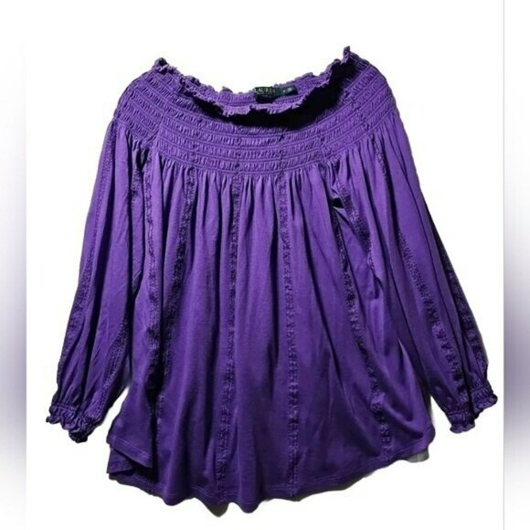 ALT Elena Gilbert Ralph Lauren Blouse Medium Purple Smock Top Cottage Peasant - Picture 5 of 8